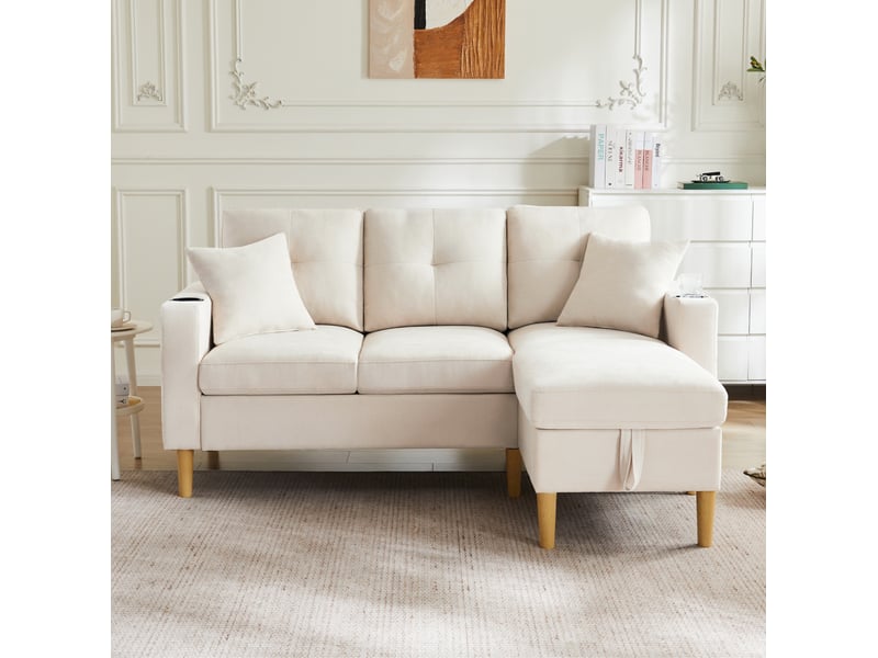 Canapé d'angle modenvie 3 places réversible avec rangement et porte-gobelets beige 175 x 129 x 90 cm - Conforama E