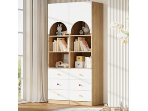 Bibliothèque 2 pièces avec 3 tiroirs, 3 étagères et porte arquée en mdf blanc effet bois 100 × 50 × 200 cm