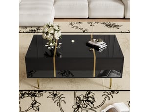 Table basse 100x60x41,5 cm avec 2 tiroirs, pieds et détails en métal doré, structure en mdf à finition brillante, noir