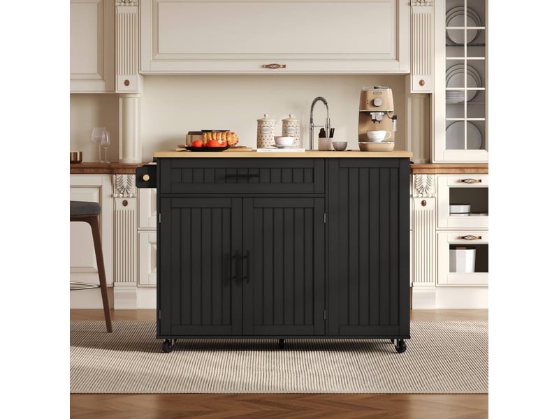  Îlot de cuisine mobile avec plan de travail pliable, chariot, armoire de rangement, placard poubelle, étagère au-dessus de la porte, roues verrouillables, 130 × 45 (70) × 93 cm  - Conforama D