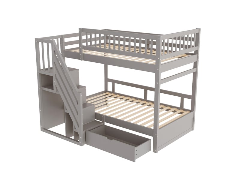 Lit superposé enfant 200×90 cm, 2 couchages avec escalier de rangement et tiroir, sans matelas, gris et blanc - Conforama E