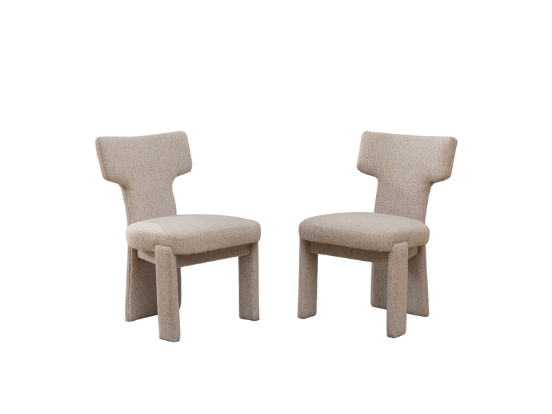  Lot de 2 chaises de salle à manger en tissu chenille beige, chaises sans accoudoirs avec dossier incurvé et pieds en bois d'hévéa massif  - Conforama A