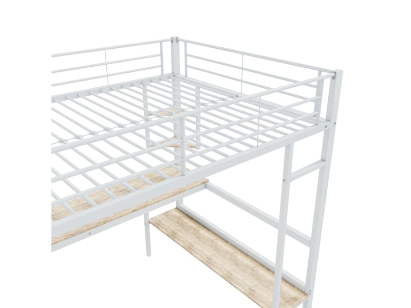  Lit mezzanine 90x200 cm avec étagères, structure acier, sommier, protection, métal + mdf, blanc, sans matelas  - Conforama D