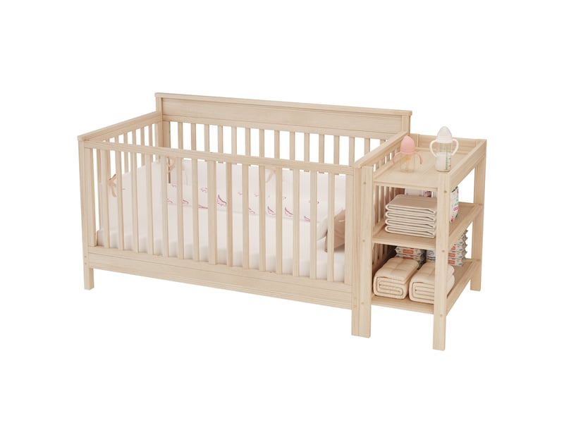  Lit bébé 3-en-1 avec table à langer 184,5x74,5x90 cm en pin massif, coloris naturel  - Conforama R