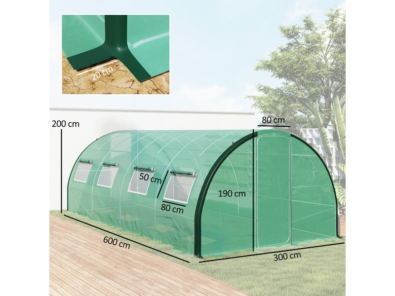  Serre de jardin tunnel serres tunnel 18 m² 8 fenêtres 2 portes articulées toile pe structure en fer galvanisé vert  - Conforama E