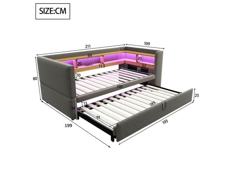 Canapé-lit convertible tcqpz 90180 x 190 cm avec led, prises et rangements, gris foncé - Conforama C