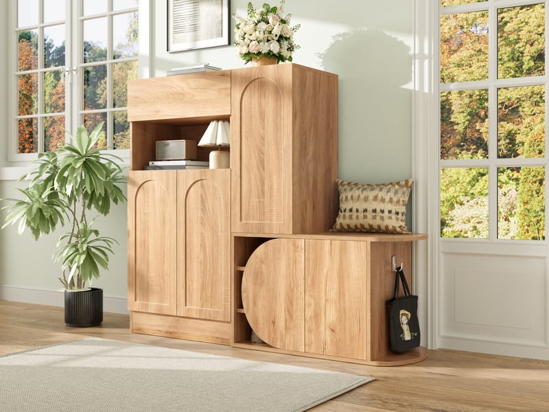  Meuble à chaussures avec banc assis, 5 portes et 1 tiroir, design arc moderne, mdf couleur nature, 130x35x110.5 cm  - Conforama W