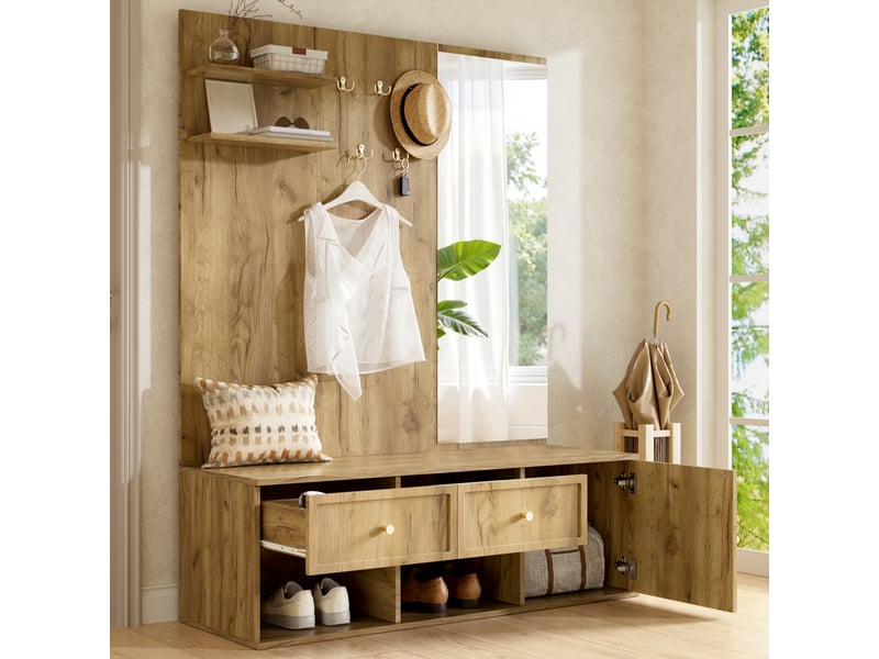  Vestiaire d'entrée complet avec banc à chaussures, miroir et portemanteau mural 5 crochets, aspect bois 120cm  - Conforama D