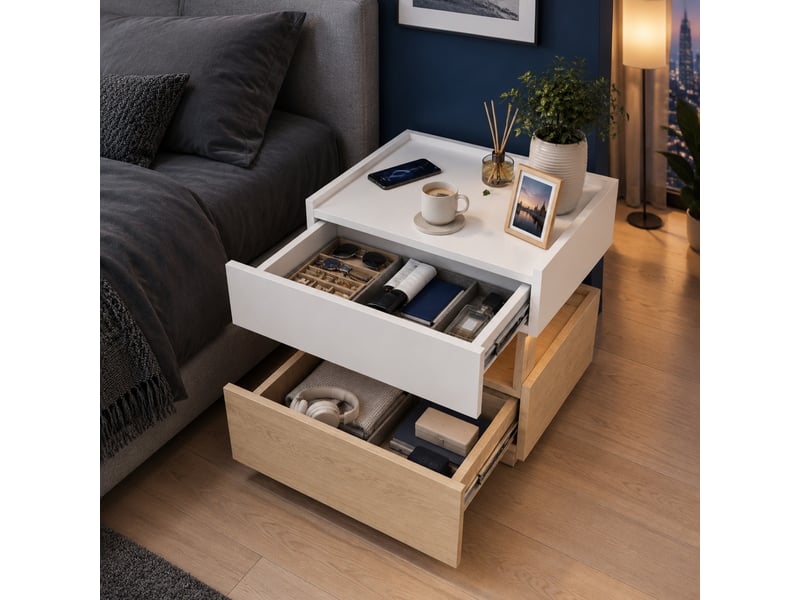 Table de chevet 50x40x50 cm blanc et bois naturel, 2 tiroirs, led et charge sans fil - Conforama B