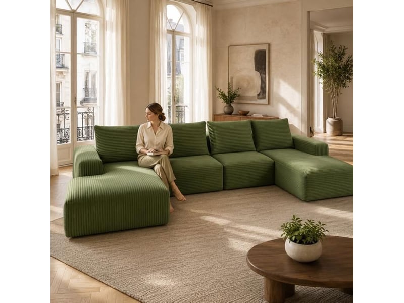  Canapé d'angle modulable 4 places avec méridienne, velours côtelé vert, design moderne pour salon élégant  - Conforama C