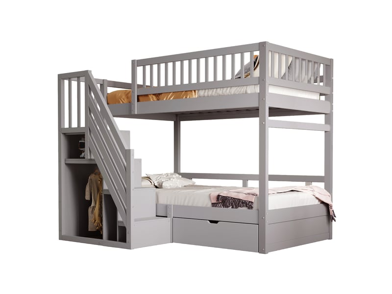 Lit superposé 90x200 cm, bois, échelle de rangement, tiroirs de rangement, gris, sans matelas - Conforama A