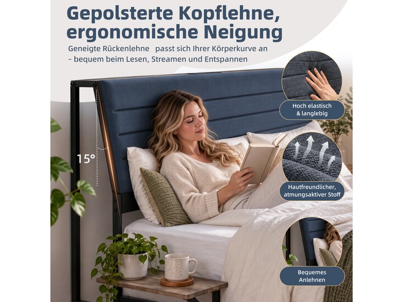  140x200cm-led-plateau de table pour tête de lit-cadre de lit tapissier- lit double-led-usb-type-c, blanc  - Conforama R