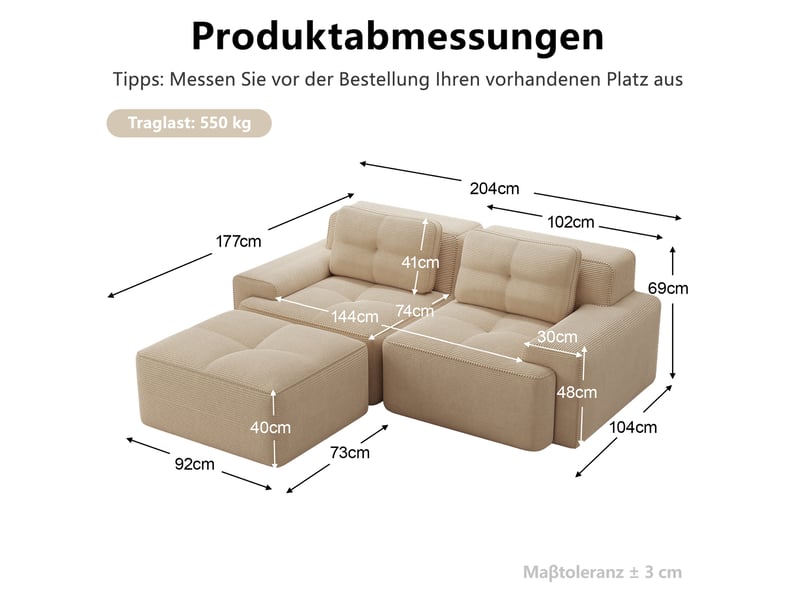  Canapé d'angle modulable ulevr 2 places avec ottomane, assise profonde 74 cm, velours côtelé beige, 204 x 177 cm  - Conforama C