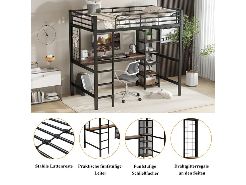  Lit mezzanine 90x200, structure métal robuste lit mezzanine, garde-corps sécurité, rangements intégrés, échelle sécurisée  - Conforama E
