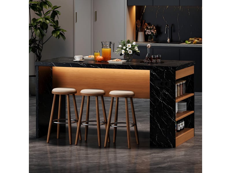 Îlot de cuisine 155x80x90cm avec éclairage led intégré et prises, plan de travail 40mm, couleur noir et naturel  - Conforama E