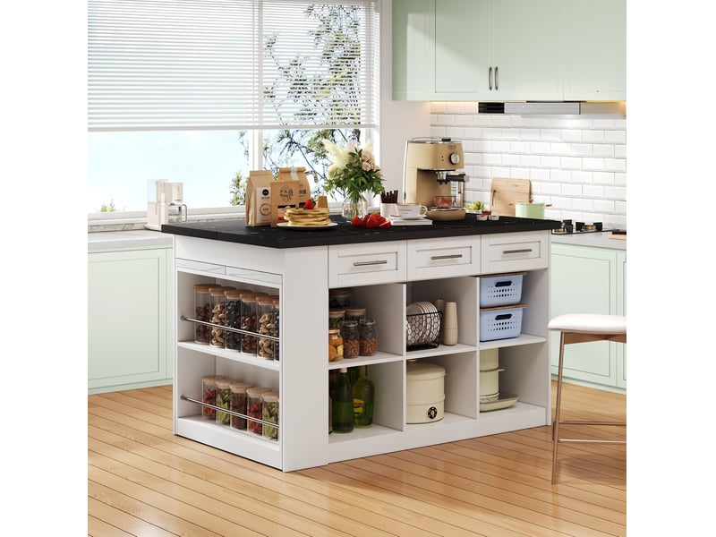  Îlot de cuisine multifonction 150x90x90 cm avec table extensible, rangements intégrés, mdf, blanc  - Conforama E