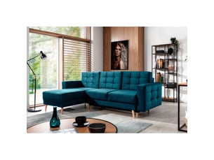 Canapé d'angle convertible hasgard 3 places bleu foncé 248x162 cm – coffre et pieds bois