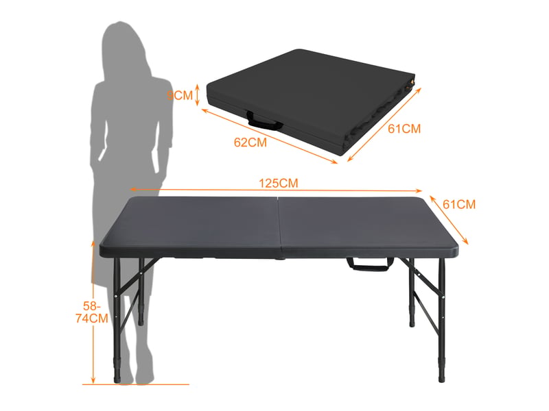  Table de jardin pliante noire 125 x 61 cm, hauteur réglable 58-74 cm, avec poignée pour vos réceptions  - Conforama C