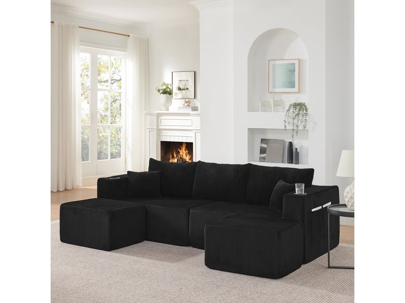  Canapé d’angle modulable 3 places avec ottomans mobiles  - porte-gobelets et poches latérales, velours côtelé noir  - Conforama B
