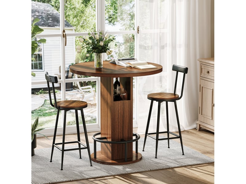 Ensemble bar 3 pièces avec table ronde 80 cm et 2 tabourets, noyer, acier - Conforama D
