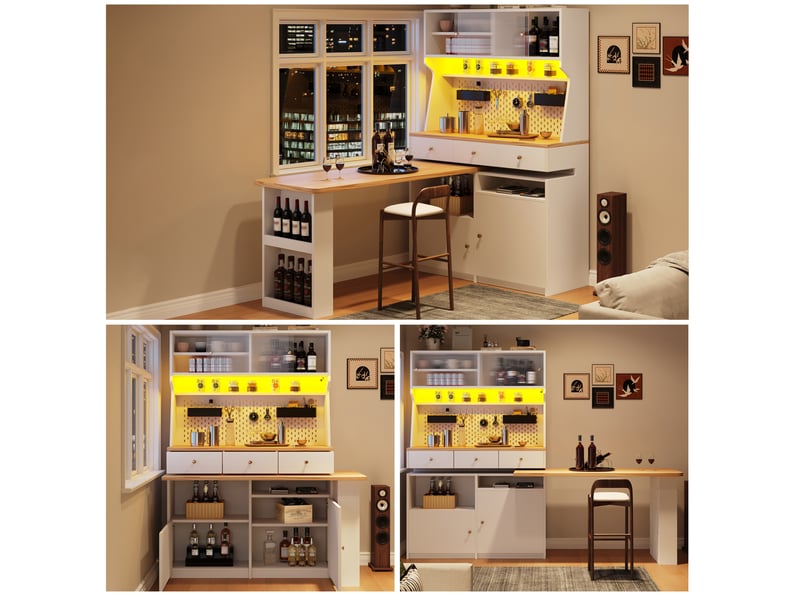  Buffet de cuisine modenvie 137 x 45 x 178 cm blanc avec led, 2 portes, 3 tiroirs, tablette extensible, mdf et métal  - Conforama E
