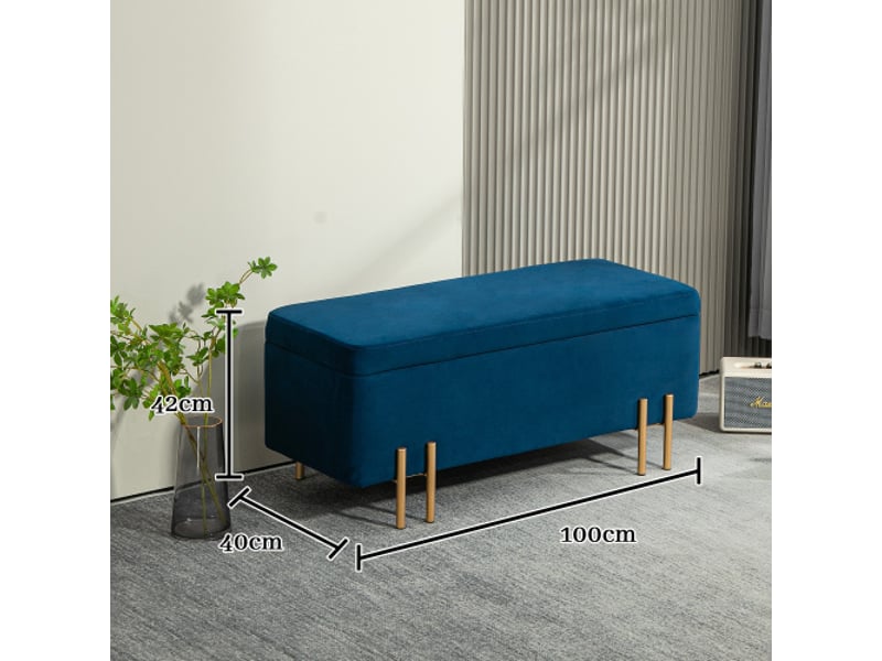  Banc coffre rembourré bleu foncé avec rangement, métal, bois d’hévéa et mousse, 100x40x42 cm  - Conforama C