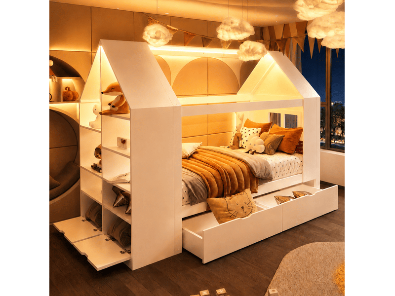  Lit enfant 90x200 cm avec rangements et led en bois blanc  - Conforama B