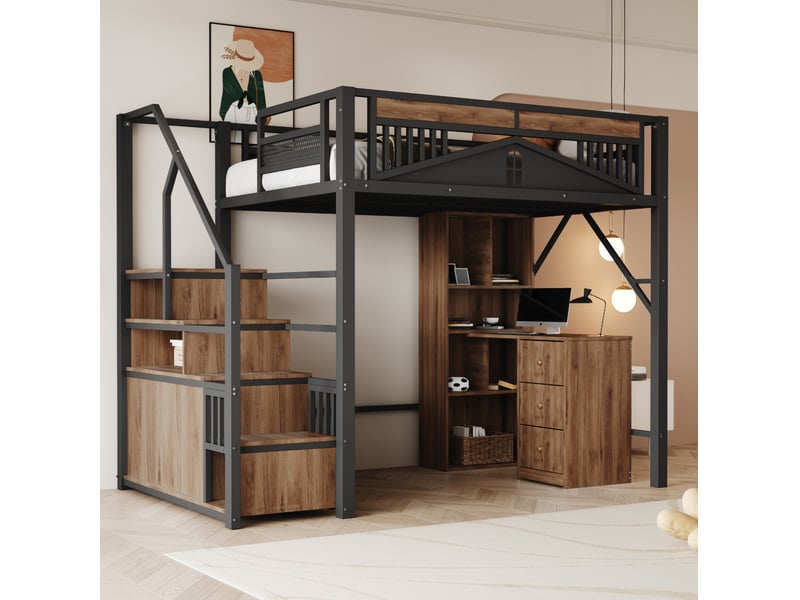  Lit mezzanine 140 x 200 cm marches-coffre garde-corps patchwork fenêtre espace dessous métal et bois noir sans matelas  - Conforama W