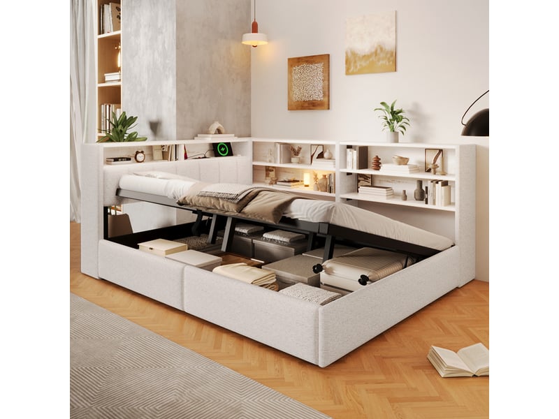  Canapé-lit coffre 140 x 200 cm - avec prise électrique - avec port usb + bande lumineuse led - tissu velours - blanc (matelas non inclus)  - Conforama D