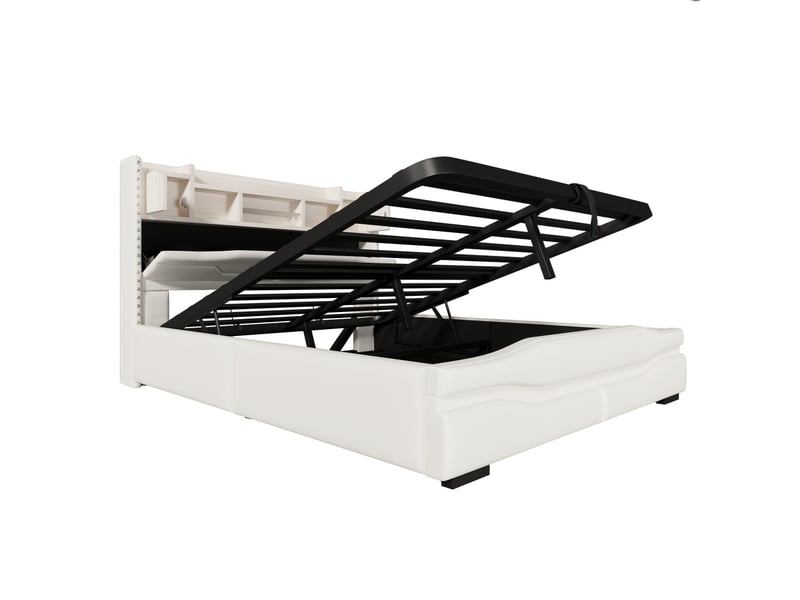  Lit rembourré, 160 x 200 cm, avec prise de chargement usb-c, éclairage d'ambiance sous le lit, tête de lit avec compartiment de rangement, lit coffre hydraulique, sans matelas, avec éclairage led, beige  - Conforama E