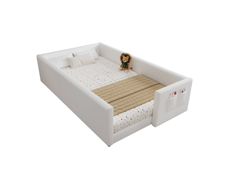 Lit enfant 90x200 cm, lit au sol rembourré en velours, lit bas montessori avec poche latérale, cadre doux quatre côtés, blanc - Conforama A