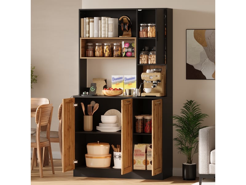 Buffet de cuisine haut avec étagères réglables, led et prises, pour cuisine et séjour, mdf naturel noir, 100×40×180 cm  - Conforama C