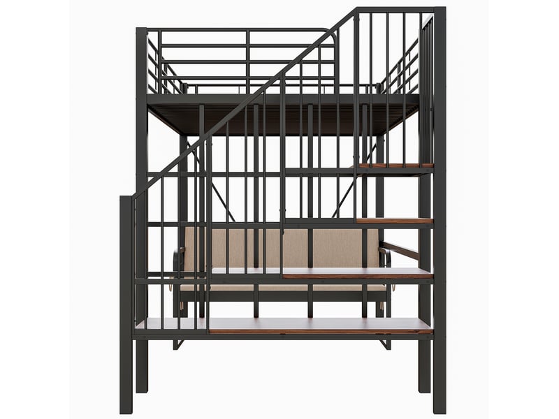 Lit mezzanine 140x200 cm – noir – canapé amovible lavable et escalier avec rangement – sans matelas - Conforama E