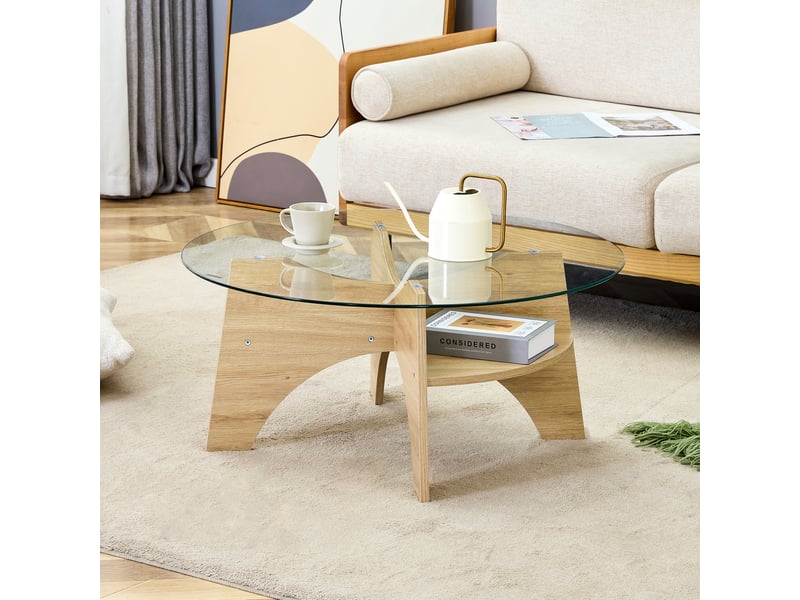  Table basse ronde 80x80x36 cm, meuble salon, design simple, plateau en verre, mdf, pour le salon, transparent et bois  - Conforama D