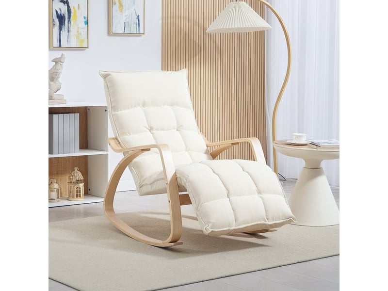  Fauteuil à bascule blanc crème, fauteuil de relaxation aspect lin avec repose-pieds réglable, cadre en bois, 67x106-123x92 cm  - Conforama D