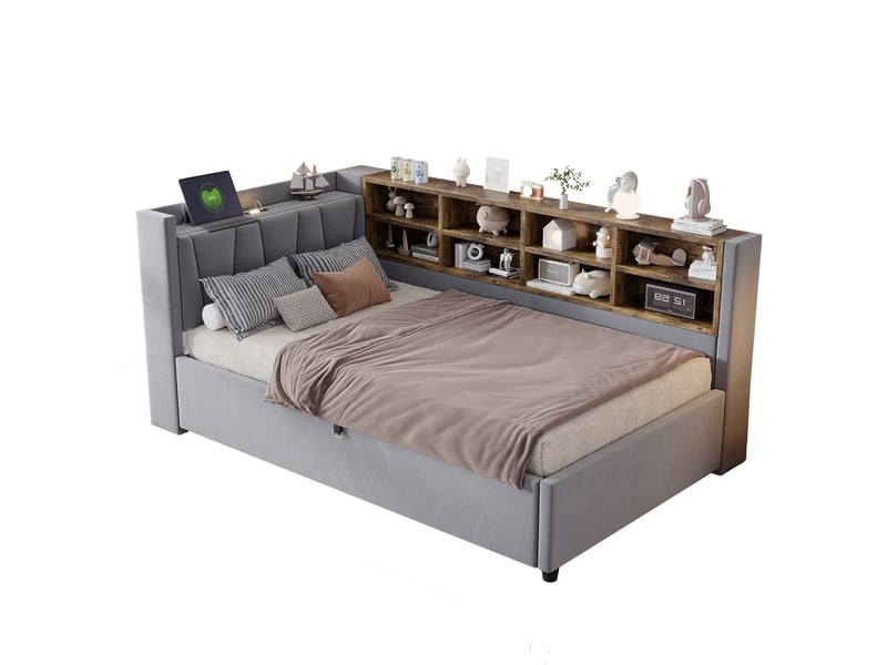 Lit coffre 90 x 200 cm avec rangement hydraulique, veilleuse et usb-type-c, canapé-lit en velours avec étagères et rangements latéraux - gris clair - Conforama A