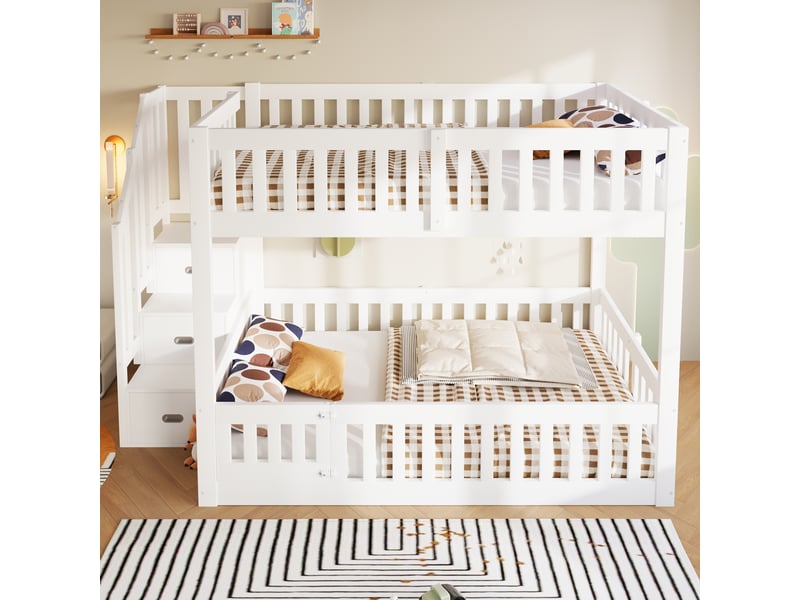  Lit superposé - 140x200 cm - échelle - rangements intégrés - lit enfant - gain de place - mobilier de chambre - pratique - blanc CozyNest - Conforama B