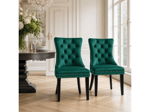 Chaise de salle à manger en velours vert avec dossier capitonné et clous décoratifs piètement bois lot de 2