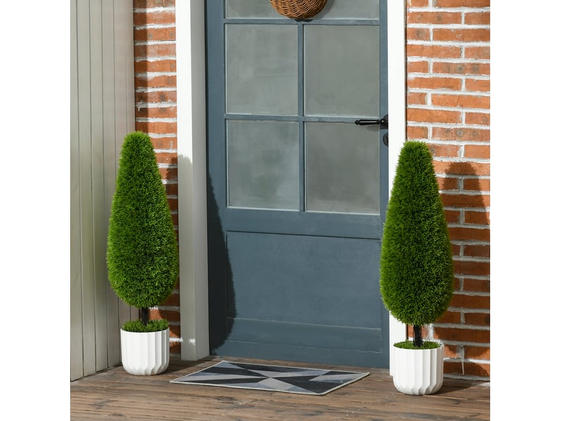  Lot de 2 cyprès artificiels 90 cm en plastique vert avec pots décoratifs, pour intérieur et extérieur  - Conforama B