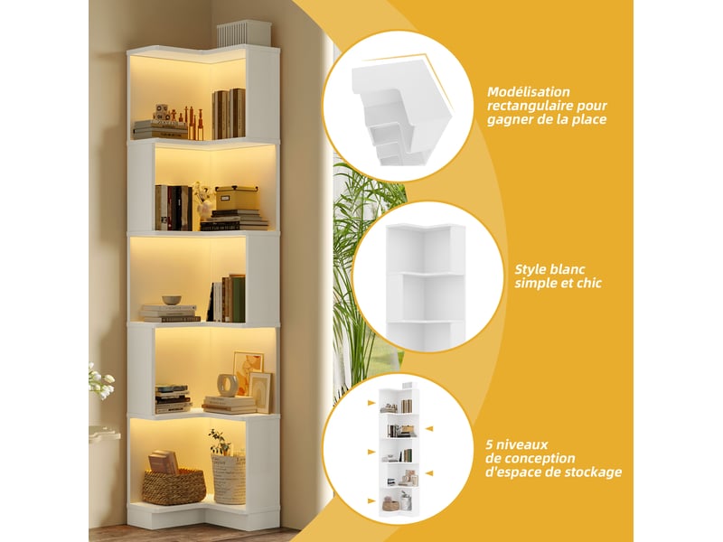  Bibliothèque d'angle 63,5x45x175 cm, 5 niveaux, meuble salon et bureau, led, rangement, structure stable, mdf, blanc  - Conforama E
