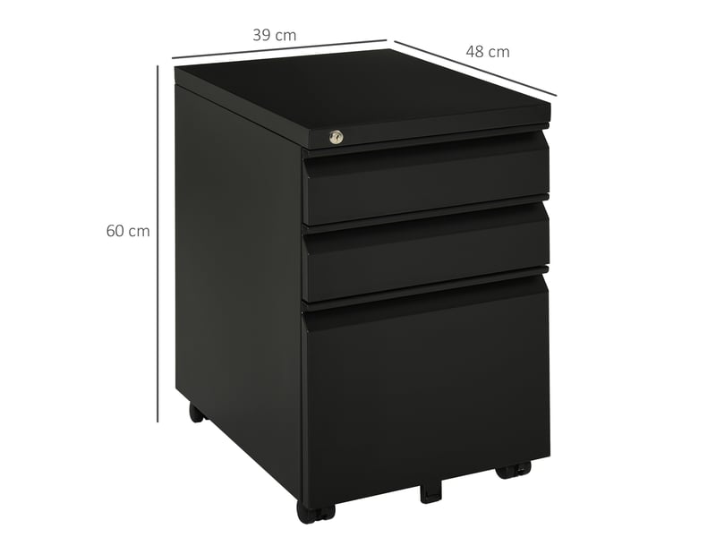  Caisson de bureau à roulettes 39 x 48 x 60 cm – noir – 3 tiroirs verrouillables en acier robuste  - Conforama C