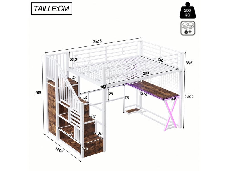  Lit mezzanine avec bureau, armoire et échelle de rangement, éclairage led, blanc, couchage 140 x 200 cm  - Conforama C