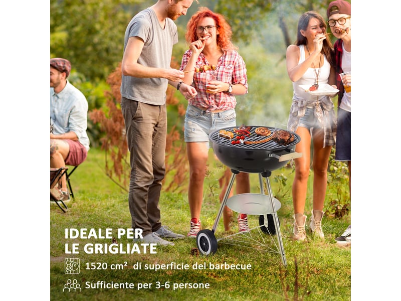  Barbecue à charbon avec couvercle et grille en acier, sur roulettes, noir  - Conforama R
