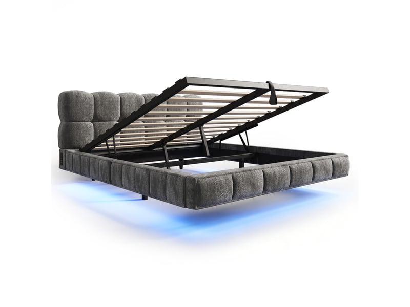  Lit coffre bubble en chenille gris 140x200 cm avec led, usb et type-c Fay Lum - Conforama E