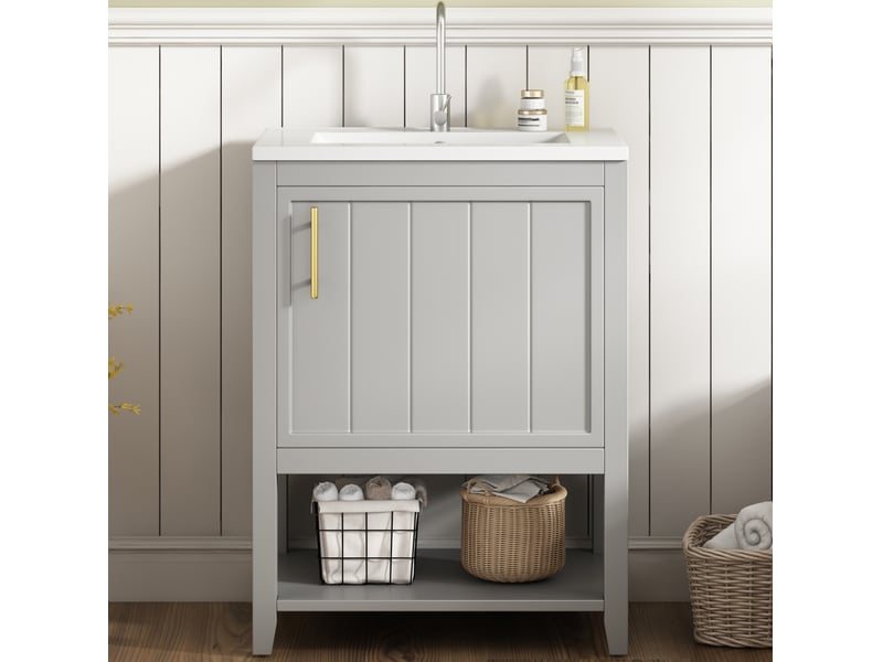 Meuble salle de bain rangement sur pied avec vasque ceramique mdf gris 2 colis homvra - Conforama B