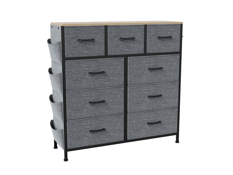 Commode 98.8x30x100cm - meuble de rangement en tissu avec 9 tiroirs, poches et crochets latéraux - gris - Conforama A
