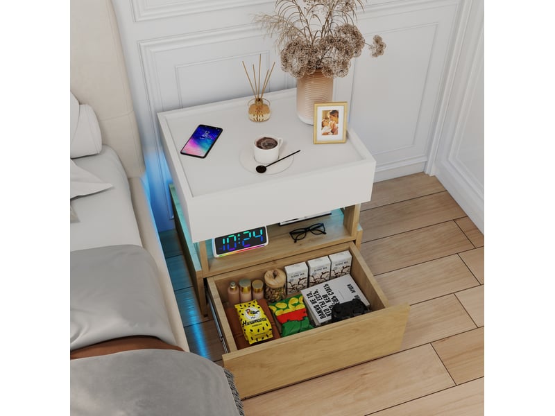  Table de chevet led avec charge sans fil, 2 tiroirs et rangement double niveau, pour chambre, bois naturel, 50 × 40 × 50 cm  - Conforama C