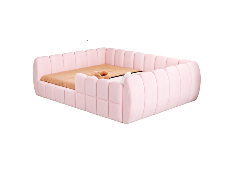  Lit enfant 140 × 200 cm au sol avec cadre entièrement rembourré et angles arrondis en velours rose pour chambre d'enfant  - Conforama A