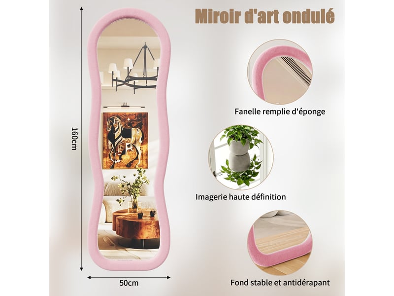  Miroir plein pied 160x50 cm forme ondulée, cadre rembourré en flanelle rose, miroir au sol décoratif pour chambre et salon  - Conforama C