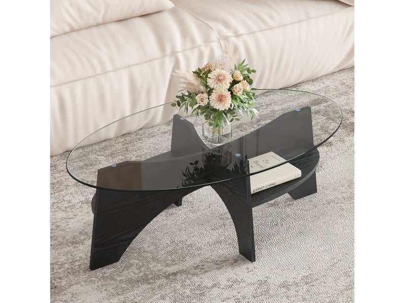  Table basse ulevr ovale avec tablette ouverte, verre de sécurité transparent 104,9 x 60 x 35,6 cm, mdf aspect bois noir  - Conforama D